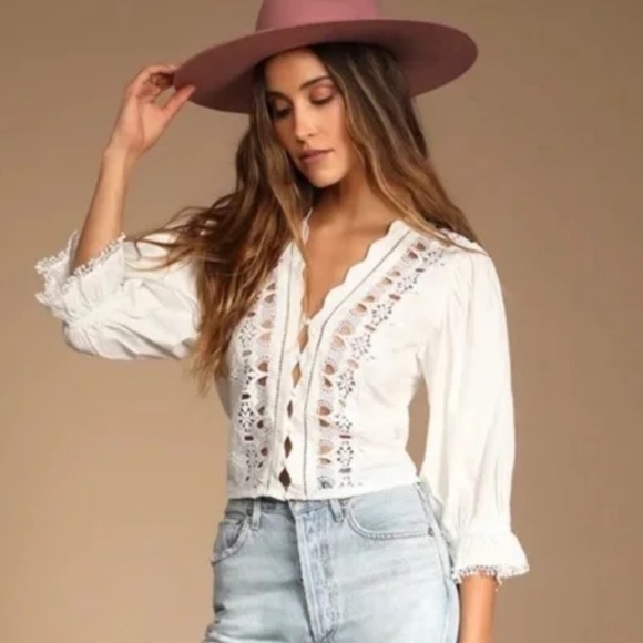 Free People Louella Embroidered Blouse Top Shirt Puff Sleev White Ivory Cotton L - Picture 3 of 17